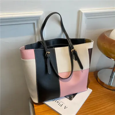Korean-Style Color Block Large Capacity Women's Tote Bag