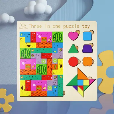 Wooden Educational Puzzle for Kids, Geometric Shapes, Numbers and Letters - 6