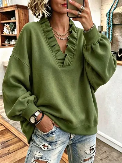 Kadın fırfırlı V yaka uzun kollu sweatshirt, sonbahar ve kış, bol kesim - 5