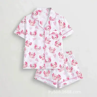 Women's Pajama Set with Pink Dinosaur Print and Button-Up Lapel - 4