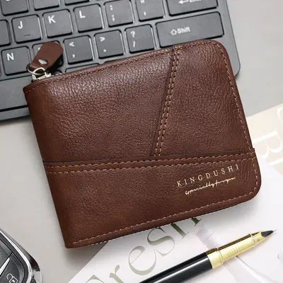 Men's Short Chain Wallet with Lychee Pattern Patchwork, Tri-fold Flap Coin Purse - 8