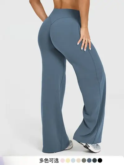 Yüksek belli spor geniş paçalı pantolon, dikiş izi yok, yüksek esneklik, kadın