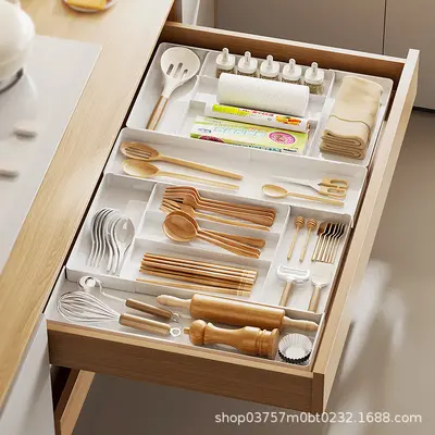 Küchenschubladeneinteilung Aufbewahrungsbox, ausziehbarer Schrank Mehrzweck-Trennbox, Besteckorganizer für Messer, Gabel, Löffel und Stäbchen.