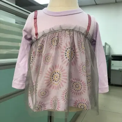 25 Spring Style Girls' Cute and Sweet Round Neck Ready-Made Solid Color Lace Insert Autumn Children's Clothing Long Sleeve T-Shirt