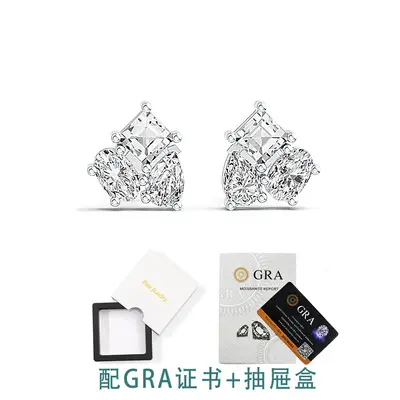 S925 Silver Moissanite Stud Earrings Princess Square Three-Stone Claw Set - 8