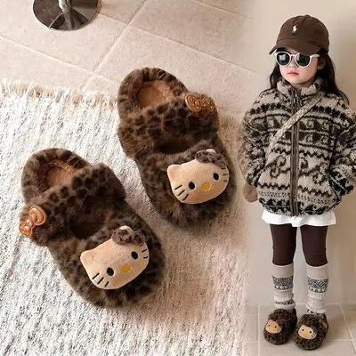 Mädchen-Hausschuhe mit süßem Katzenmotiv, Plüsch, Herbst-Winter