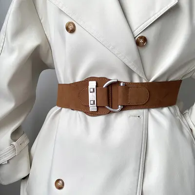 Women's suede belt with silver buckle, wide and elastic - 9
