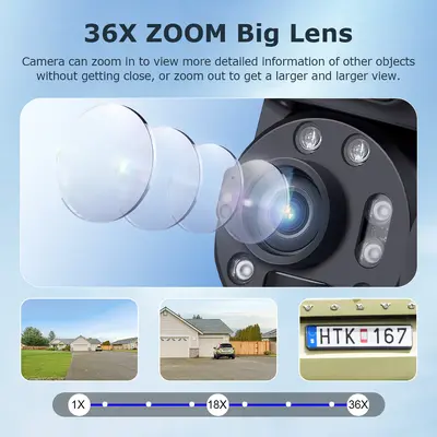4G solar-powered camera, 36x optical zoom, night vision, 24-hour recording
