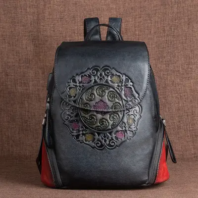 Cowhide Backpack, Embossed, Retro Chinese Style - 5