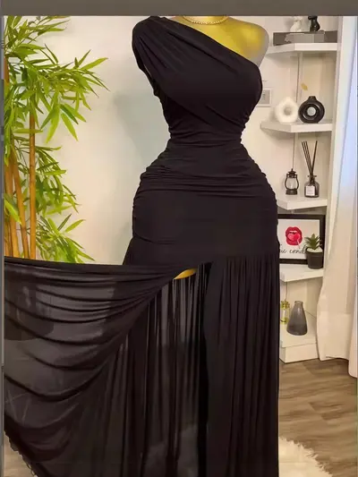 Women's Long Dress, 2025 Spring, Solid Color Sleeveless, Asymmetric Neckline, Side Slit