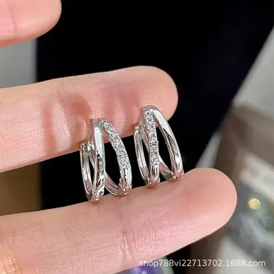 Gümüş kulak klipsi rhinestone, çift katman halka, pirinç