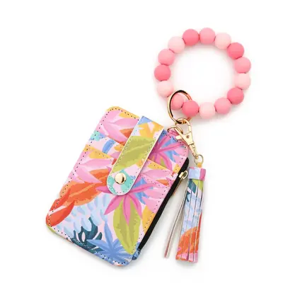 Floral PU Leather Women's Card Holder Wallet with Silicone Bead Bracelet