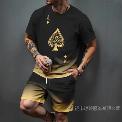 Men's Summer 3D Printed T-Shirt and Shorts Set, Gradient Letter Pattern