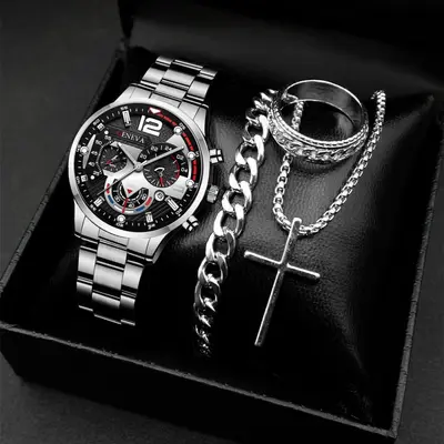 Men's calendar watch with steel band, sports design