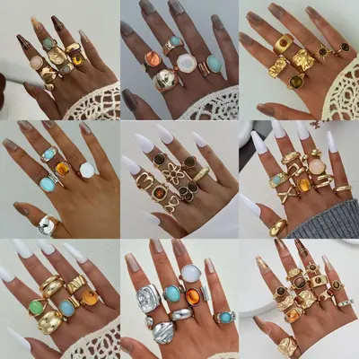 Hanzhi Shang Cross-Border Best-Seller European and American Vintage Bohemian Style Stackable Ring Set Women's Niche Design Rings