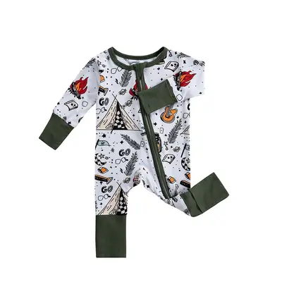 Baby-Strampler aus Bambusfaser, langarm, Reißverschluss, Cartoon-Print