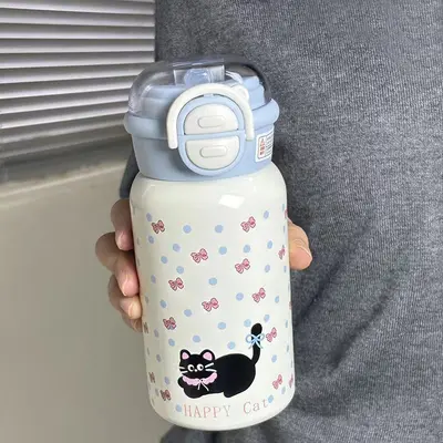 Cat Design 316 Stainless Steel Insulated Tumbler Children's Straw Double-Drink Bottle