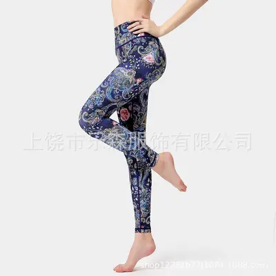 欧码新款瑜伽裤女裸感印花打底裤薄款跨境亚马逊运动健身瑜伽长裤 - 9