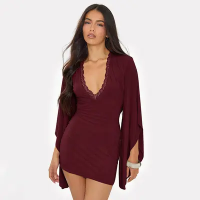 Women's Autumn Dress, Solid Color, Lace-Trim Flare Long Sleeve, Slim Fit