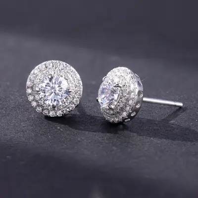 S925 Silver 1-3 Carat Round Moissanite Stud Earrings, 18K Gold Plated