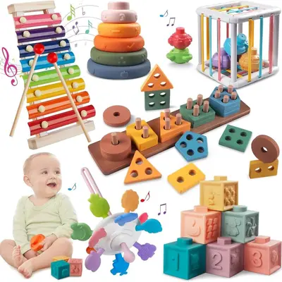 Montessori Altersklassifizierung Stapel-Lernspielzeug 6-12 Monate Holzbausteine Xylophon Babyzahnungsspielzeug