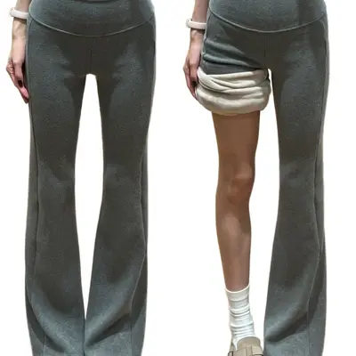 Hellgraue Damen-Yoga-Schlaghose, Fleece, tiefes Taillenband, Slim Fit