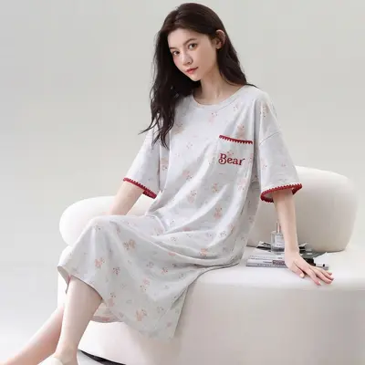Women's Summer Cotton Nightdress with Chest Pads, Short Sleeve, Plus Size