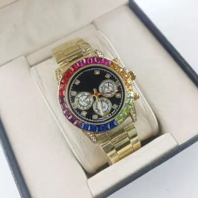 Rainbow men's quartz watch, steel band, diamond bezel