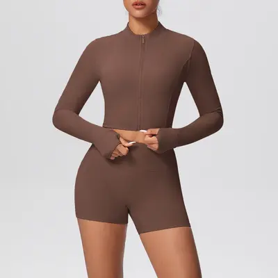 Solid Color Two-Piece Short Jacket Set, Tight-Fit Yoga and Running Wear - 5