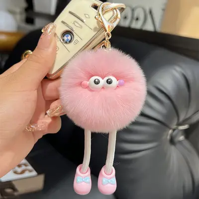 Long-legged imitation Rex rabbit plush keychain, small charcoal ball pendant - 11
