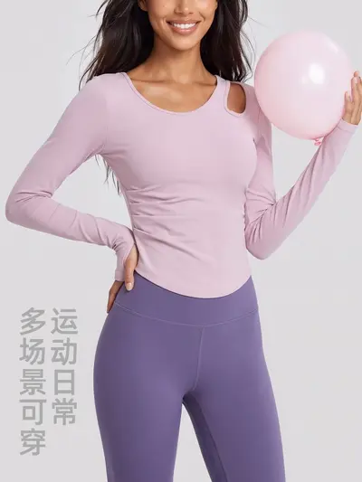 Damen-Yogatop mit schrägen Schultern, Ausschnitten und Raffung für Pilates - 3