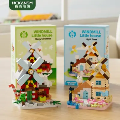 Mikro parçacıklı sokak manzaralı yel değirmeni yapı blok modeli, el yapımı puzzle