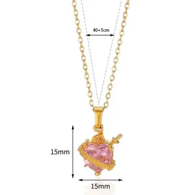 Pembe Taşlı Altın Eros Ok Kalp Çiçek Kolye, Kristal Kadın Kolyesi - 11