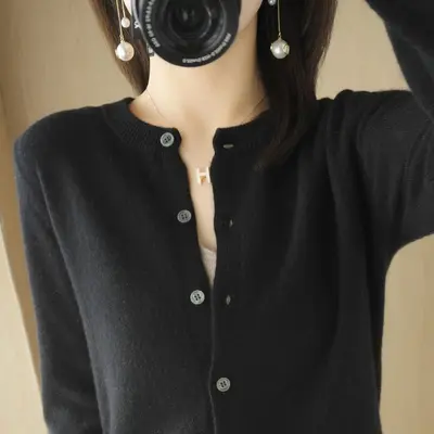 Women's OL Style Elegant Long-Sleeve Round Neck Straight-Cut Knit Cardigan Sweater - 8