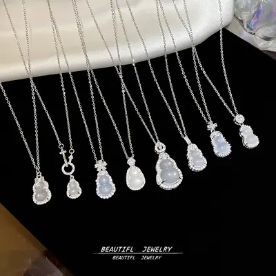 White chalcedony small gourd titanium necklace, Chinese style, collarbone chain