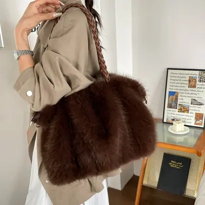 Women's Plush Bag, Faux Fox Fur Look Shoulder Crossbody Bag, Large Capacity Tote - 13
