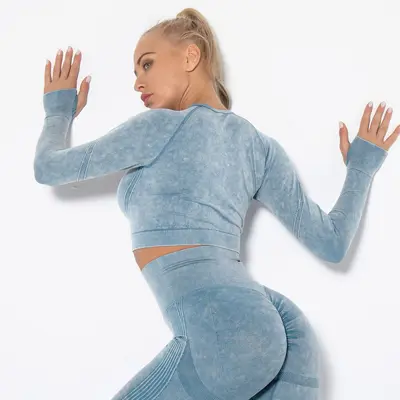 Women's Seamless Knitted Long-Sleeve Fitness Top, Tight-Fit Quick-Dry