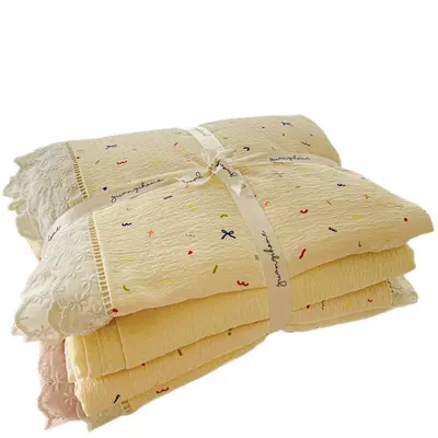 Class A wrinkled gauze double-layer cotton lace four-piece set, single/double bedding, bed sheet, fitted sheet, single piece dropshipping.