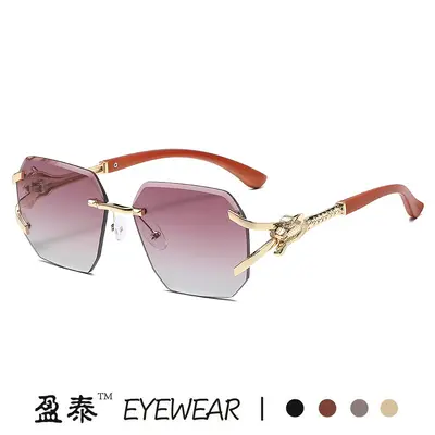 Frameless Square Sunglasses with Leopard Print Temples - 4