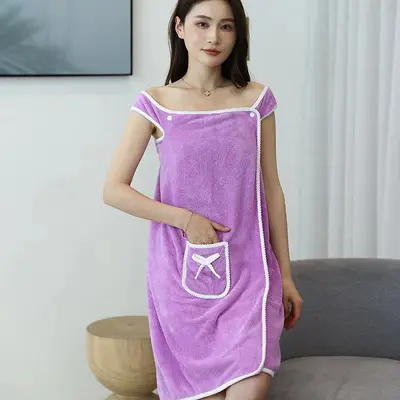 Coral velvet bathrobe wholesale highly absorbent thickened pure cotton bath skirt adult women's bathrobe home bath towel category A - 5