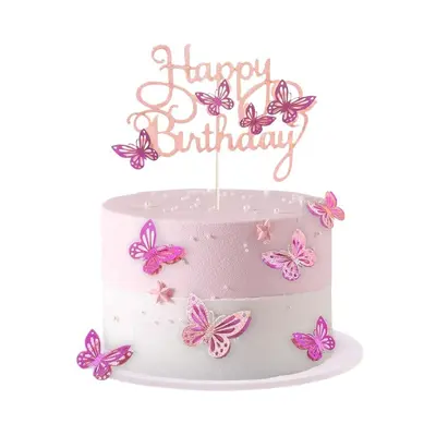 13 pcs Gold Glitter Butterfly Happy Birthday Cake Topper Set - 3