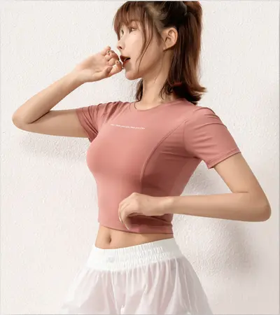Kadın Yoga Üstü Kısa Kollu Crop Top, Hızlı Kuruyan Nefes Alabilir Spor T-Shirt - 10