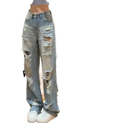 Women's Ripped Jeans, Summer Thin, High Waist, Wide Leg, Plus Size