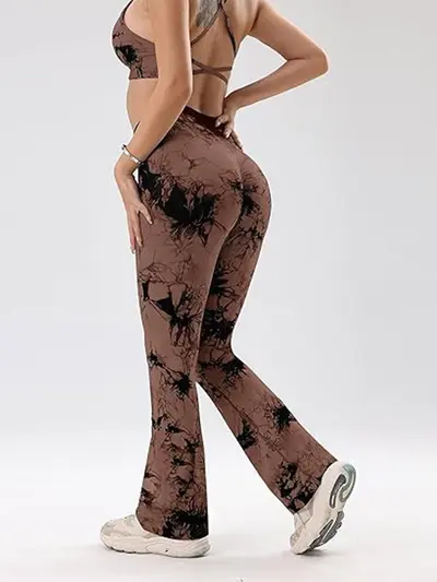 Yüksek Bel Geniş Paçalı Yoga Pantolonu, Elastik, Batik Desen