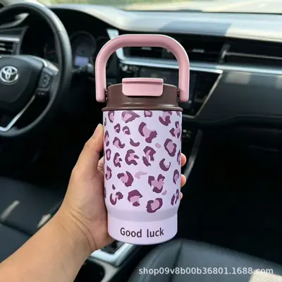316 Paslanmaz Çelik Termos Bardak Kadınlar İçin Leopar Desenli Pipetli 600 ml - 10