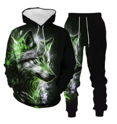 Men's Animal Print Hooded Sweatshirt Set, Spring Autumn, European Style - 10