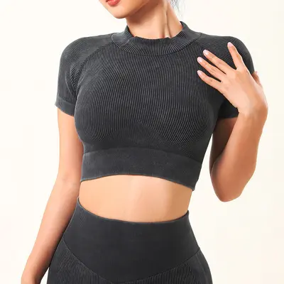 跨境欧美砂洗无缝瑜伽服套装女螺纹健身服上衣健身瑜伽裤运动长裤 - 11