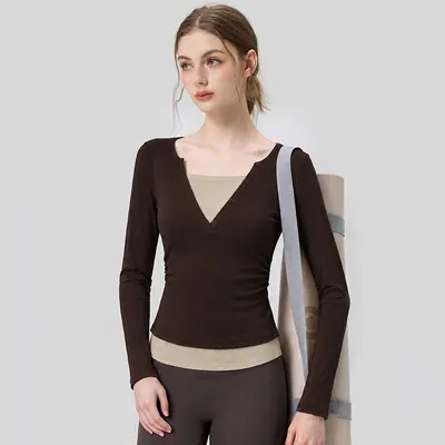 Fitness-Oberteil V-Ausschnitt, Langarm, Schicht-Design - 7