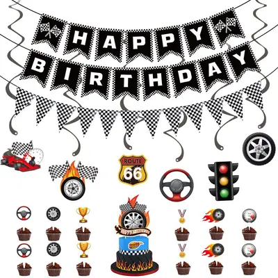 F1 Racing Theme Birthday Pull Flag, Black and White Checkered, Fishtail