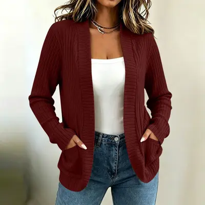 Women's Plus-Size Solid Color Long Sleeve Knit Cardigan - 13